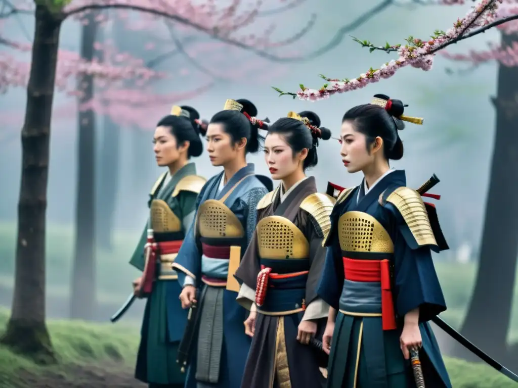 Imagen impactante de un grupo de OnnaBugeisha en armadura samurái, listas para la batalla entre la neblina y los cerezos en flor