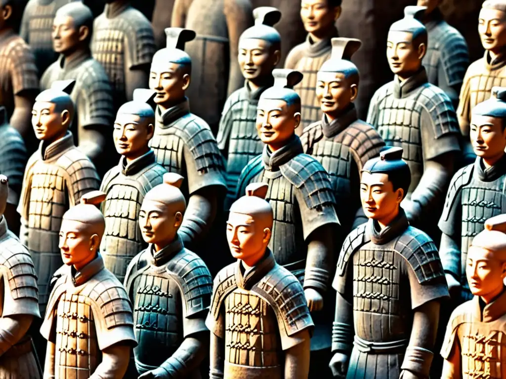 Imagen impactante de los Guerreros de Terracota emperador chino en Xian, mostrando detalles únicos y expresiones que evocan la antigua China