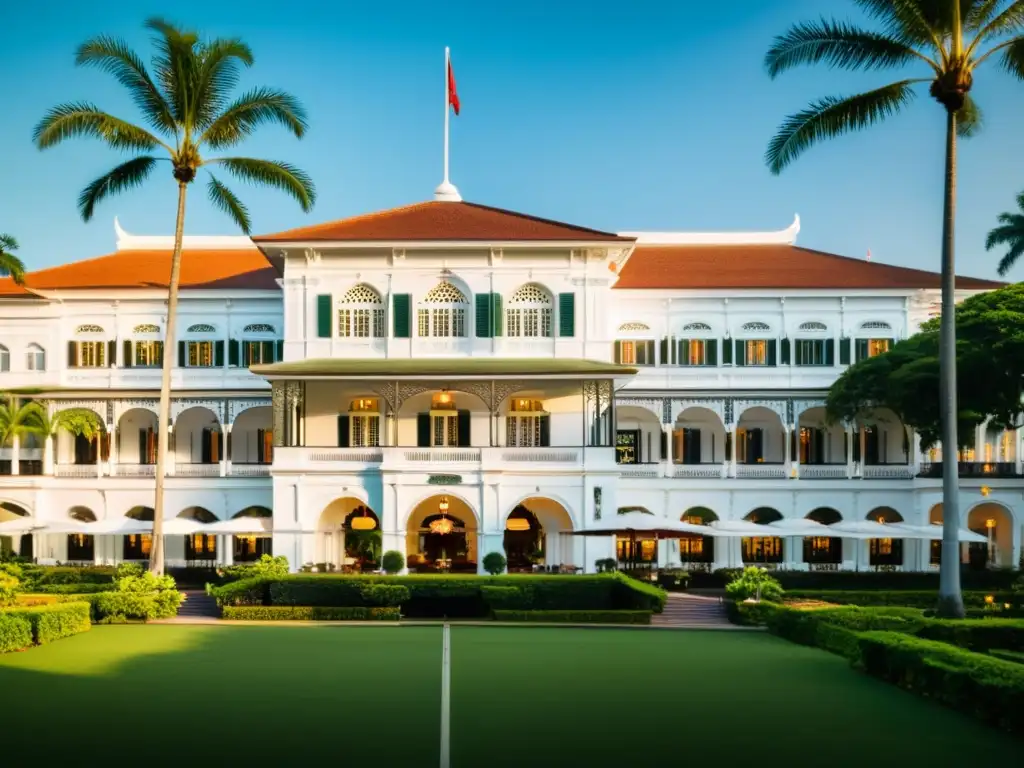 Imagen impactante del histórico Hotel Raffles en Singapur, con su arquitectura colonial, jardines tropicales y fachada blanca icónica