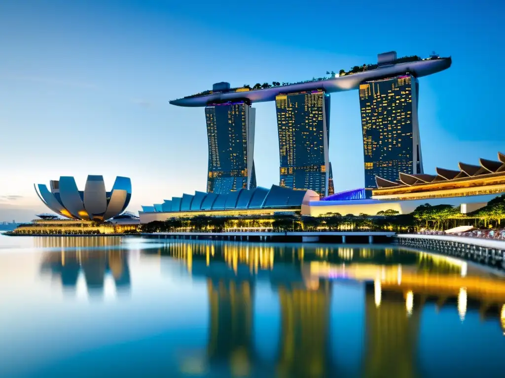 Imagen impactante del hotel Marina Bay Sands en Singapur, destacando su arquitectura moderna y lujo, con la ciudad de fondo