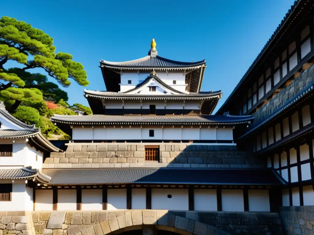 Una imagen impactante del imponente exterior del Castillo de Himeji en Japón, destacando sus intrincadas características defensivas