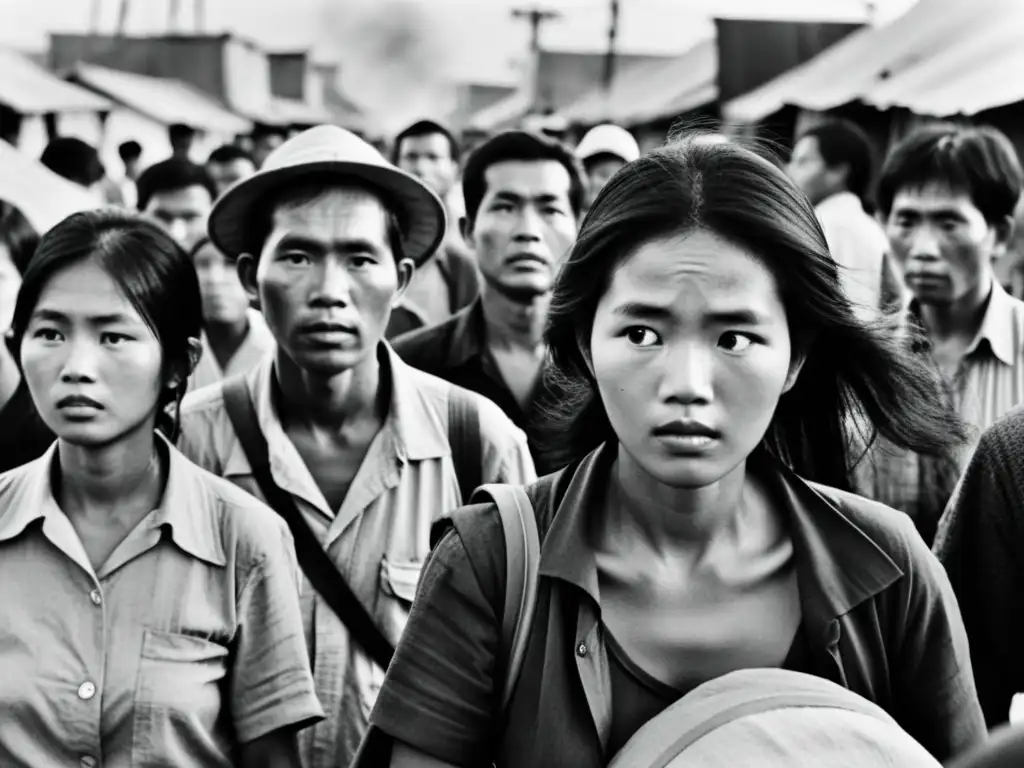 Imagen impactante de inmigrantes vietnamitas en un bullicioso campo de refugiados, reflejando la dura realidad de su llegada