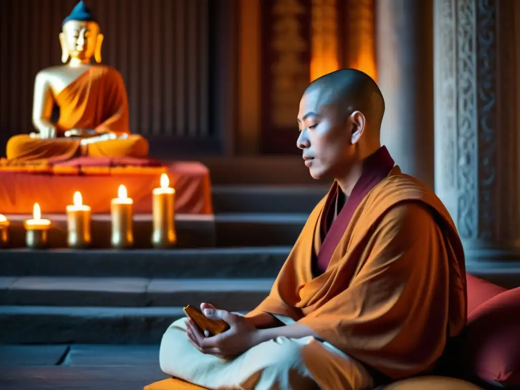 Imagen impactante de un monje budista en meditación profunda, iluminado por velas en un templo