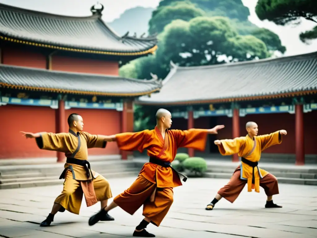 Imagen impactante de monjes Shaolin practicando artes marciales en un patio tradicional, capturando la filosofía y técnicas de combate Shaolin