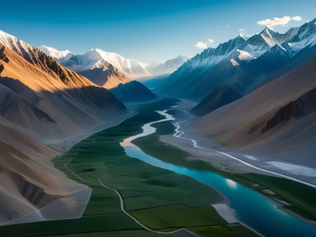 Imagen impactante de las montañas Pamir al atardecer, reflejando el cielo en picos nevados