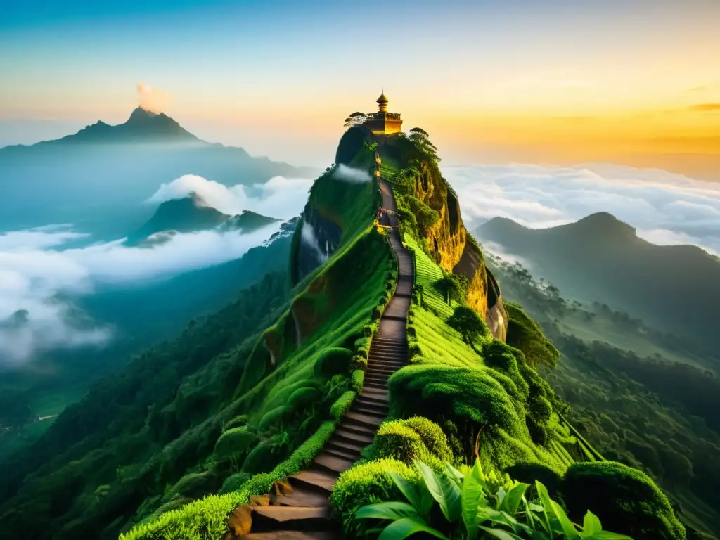 Imagen impactante de Adam's Peak al amanecer, con peregrinos ascendiendo y exuberante naturaleza, ideal para explorar lugares de peregrinaje menos conocidos