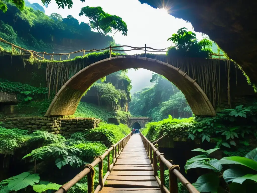 Imagen impactante de los Puentes Antiguos en Asia, el Living Root Bridges en Cherrapunji, India, con su red de raíces vivas y exuberante vegetación