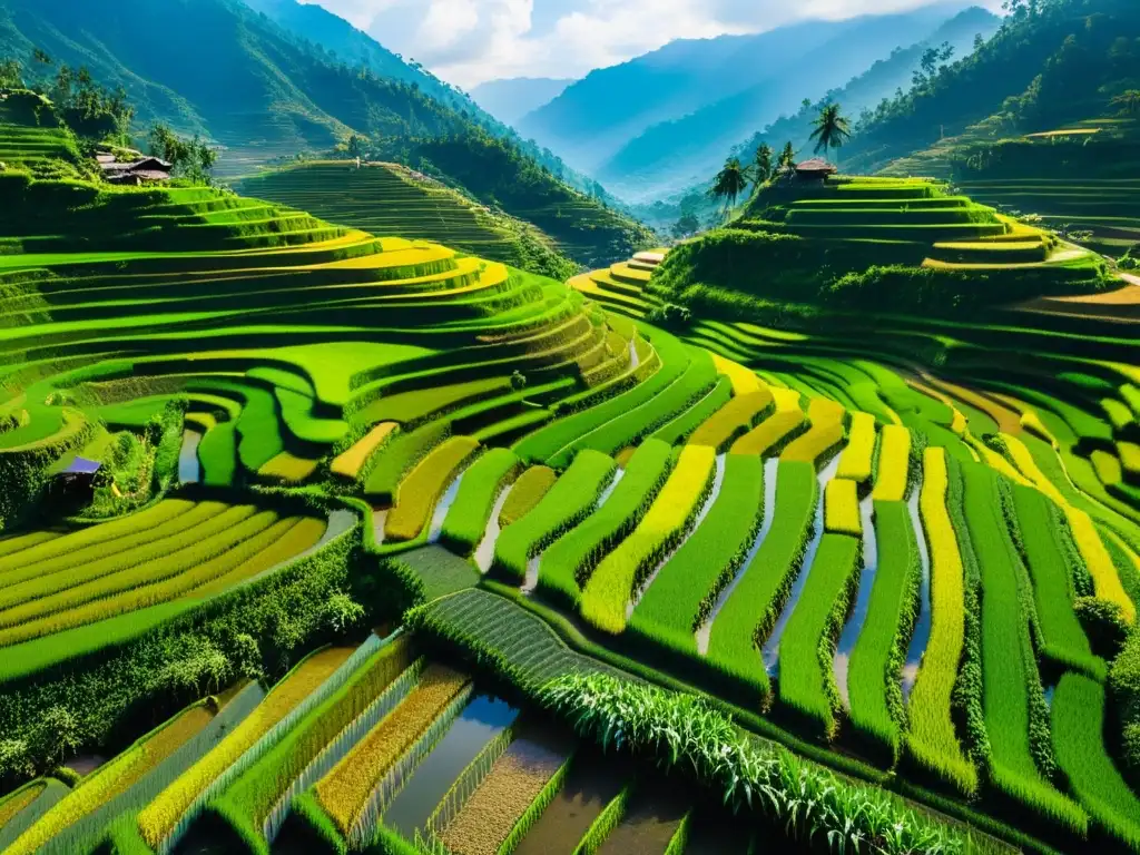 Imagen impactante de terrazas de arroz en Asia, resaltando sistemas de irrigación ancestrales y la belleza de los campos verdes