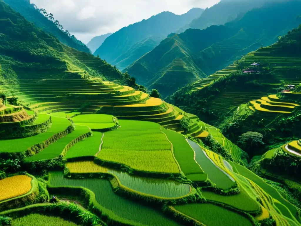 Imagen impactante de las terrazas de arroz de Banaue en Filipinas, con agricultores locales en terrazas