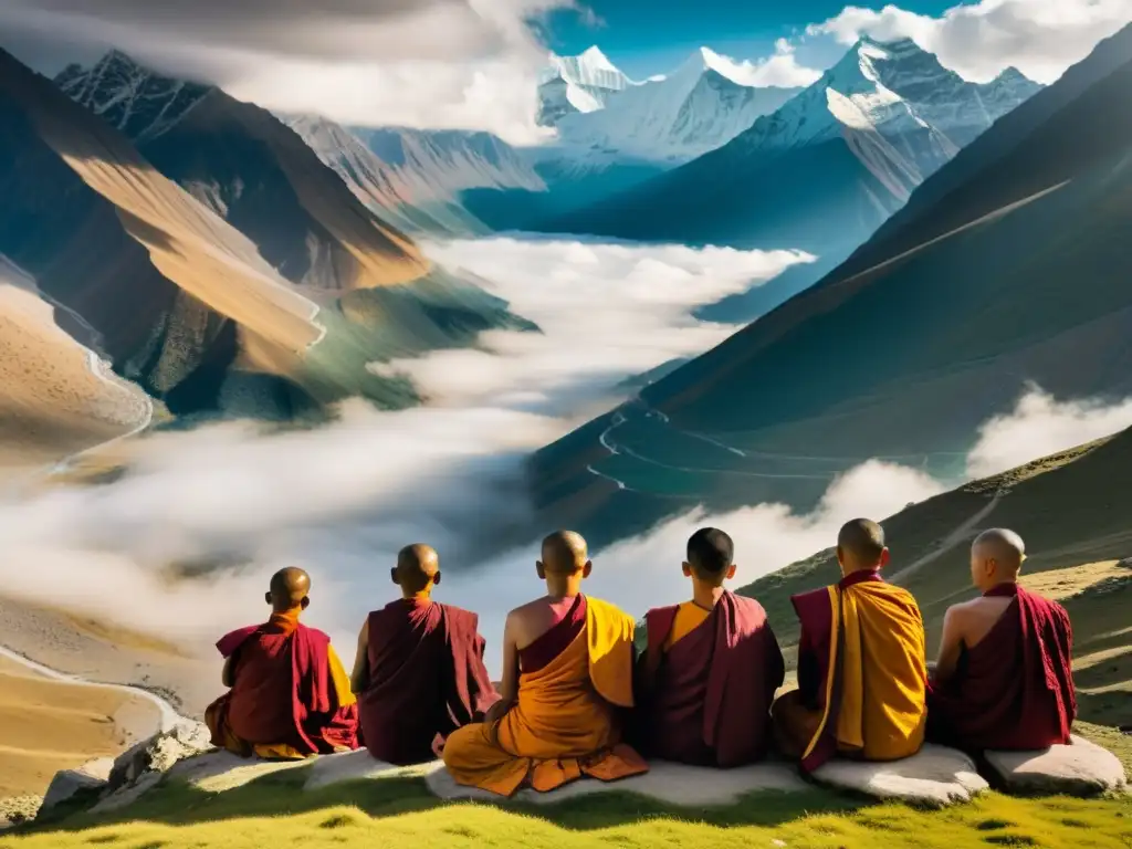 Imagen impactante de un valle neblinoso en el Himalaya, con monjes tibetanos meditando