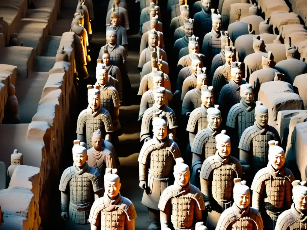 Imagen impactante del vasto Ejército de Terracota, con soldados detallados y dramática iluminación, revelando el legado terracota dinastía Qin