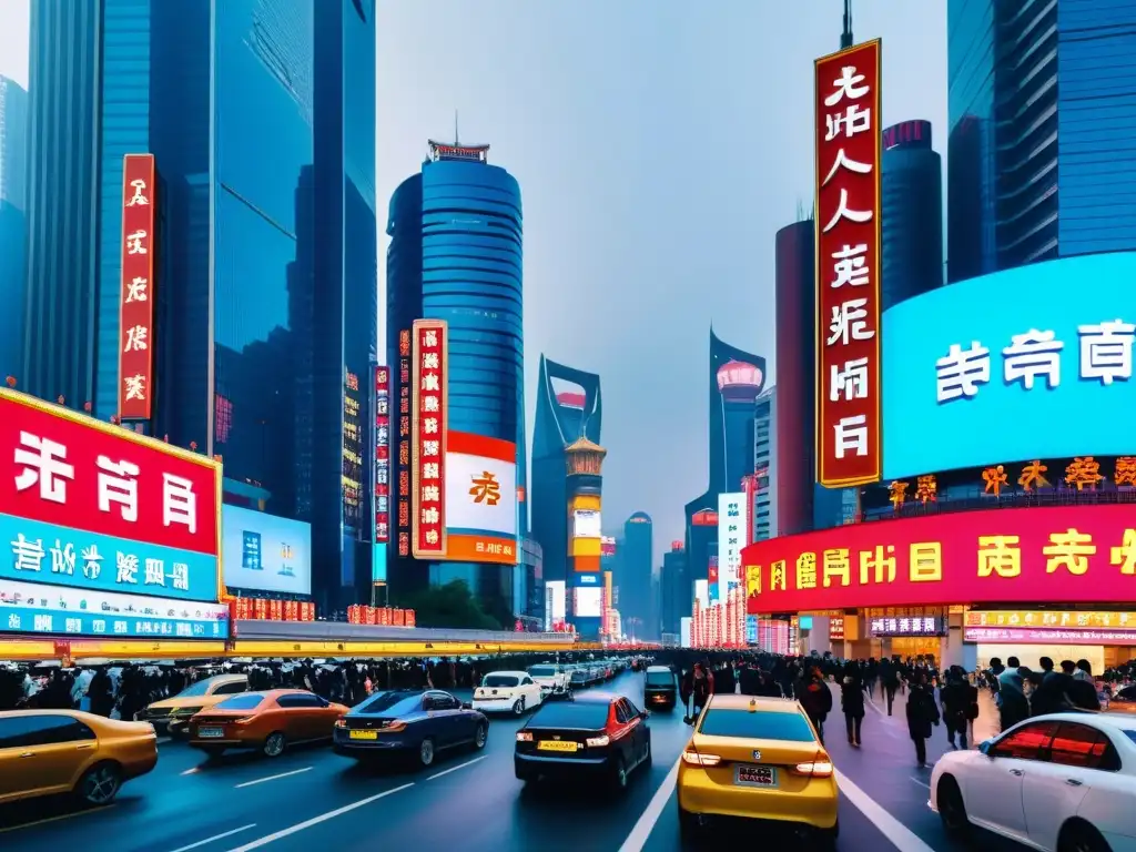 Imagen de impacto económico del supercapitalismo en China: bulliciosa calle urbana con rascacielos, luces de neón y mezcla de tradición y modernidad