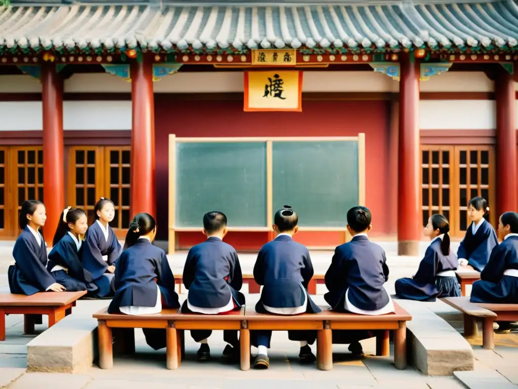 Imagen de la importancia del Confucianismo en Asia: escuela tradicional con estudiantes uniformados participando respetuosamente en una lección