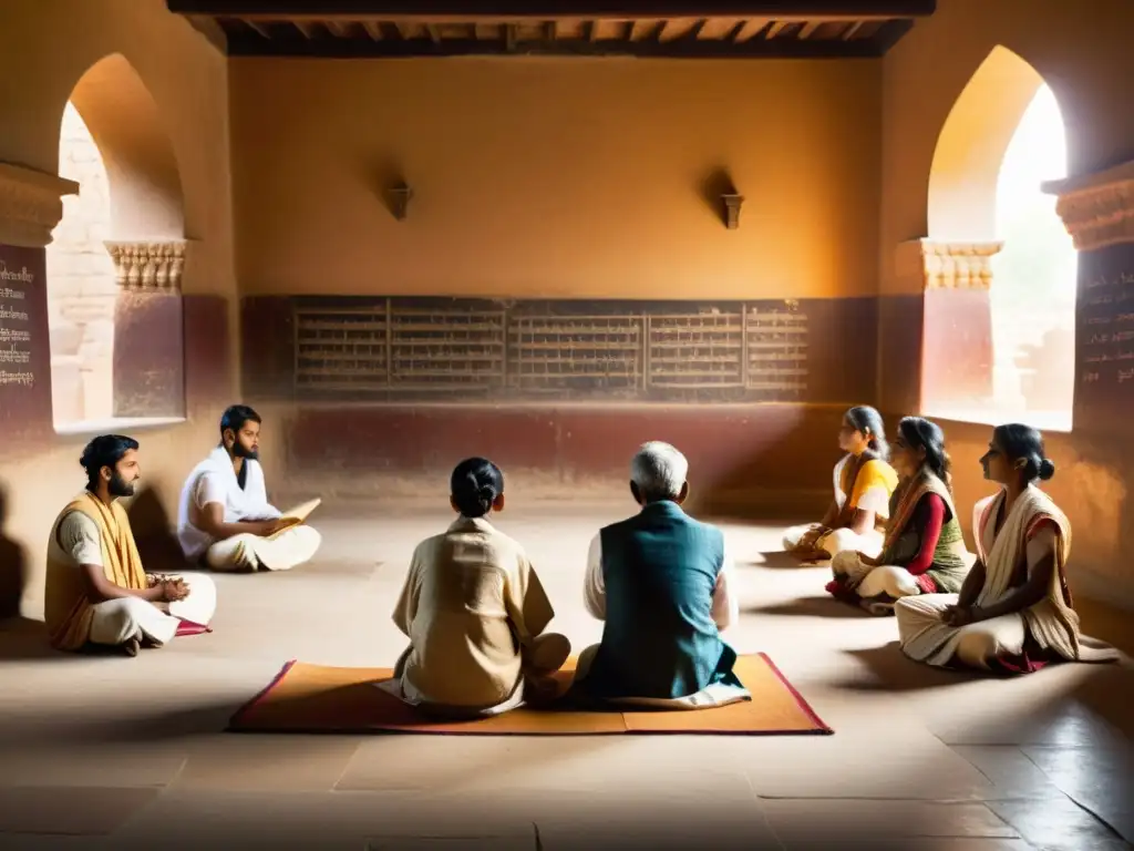 Imagen impresionante de aula antigua en la India, con estudiantes concentrados mientras el sabio maestro enseña desde un manuscrito antiguo