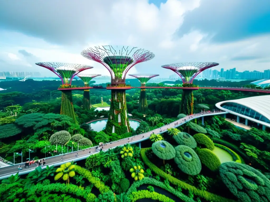 La imagen muestra los impresionantes Jardines de la Bahía en Singapur, con su icónico Bosque de Supertrees y el domo de la Selva Nubosa