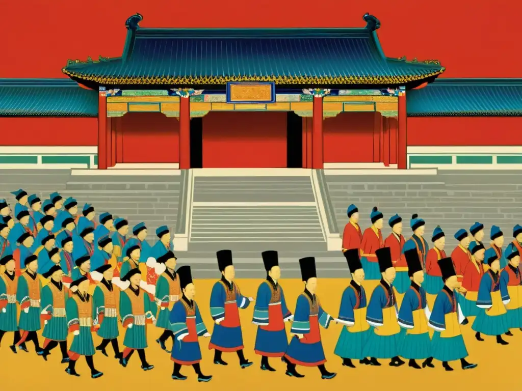 Imagen de la influencia cultural de la dinastía Qing en una procesión ceremonial en la Ciudad Prohibida de Beijing