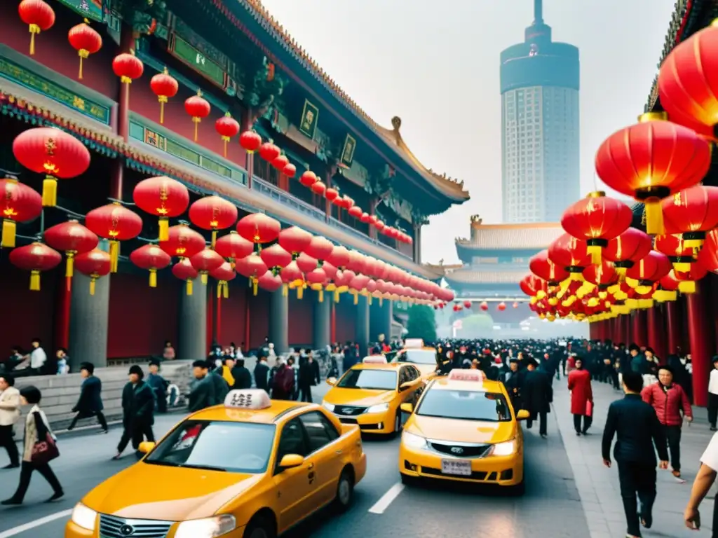 Imagen de influencia cultural: vibrante calle de Beijing contrastada con bulliciosa avenida de Nueva York