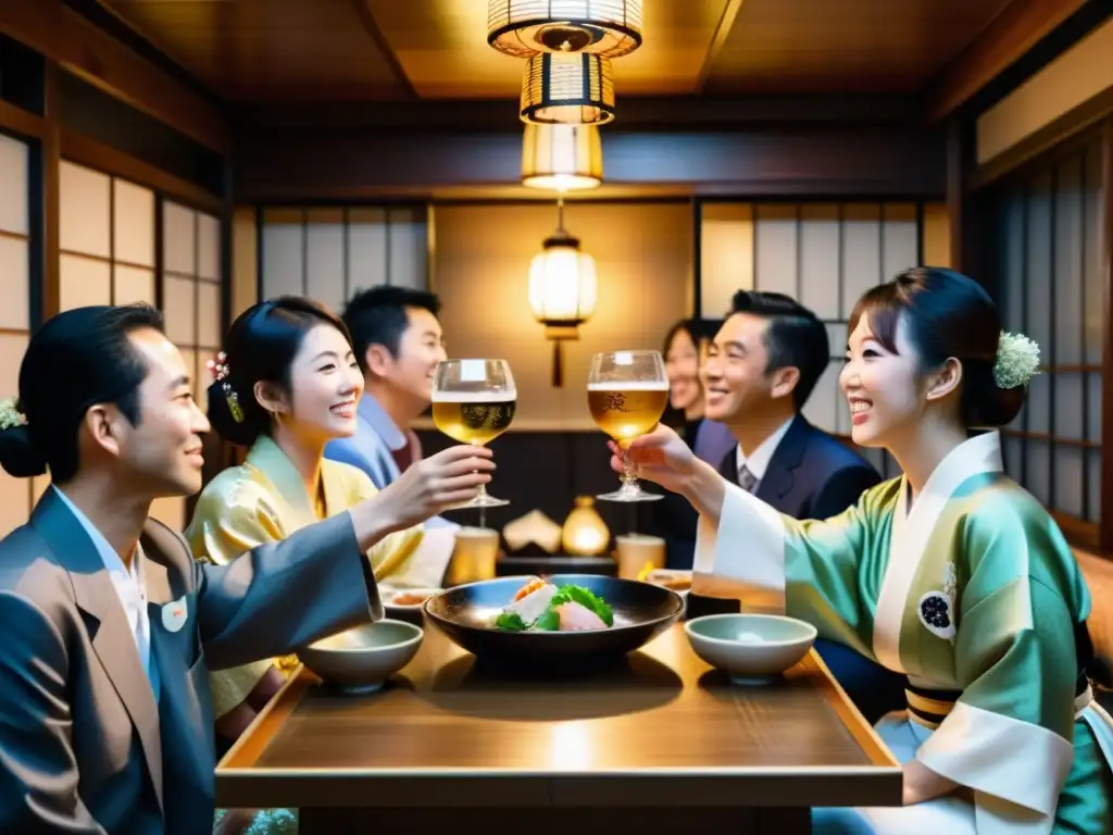 Imagen inmersiva de una ceremonia tradicional japonesa Bonenkai en un izakaya decorado, con elegantes asistentes brindando con sake, reflejando solemnidad y alegría