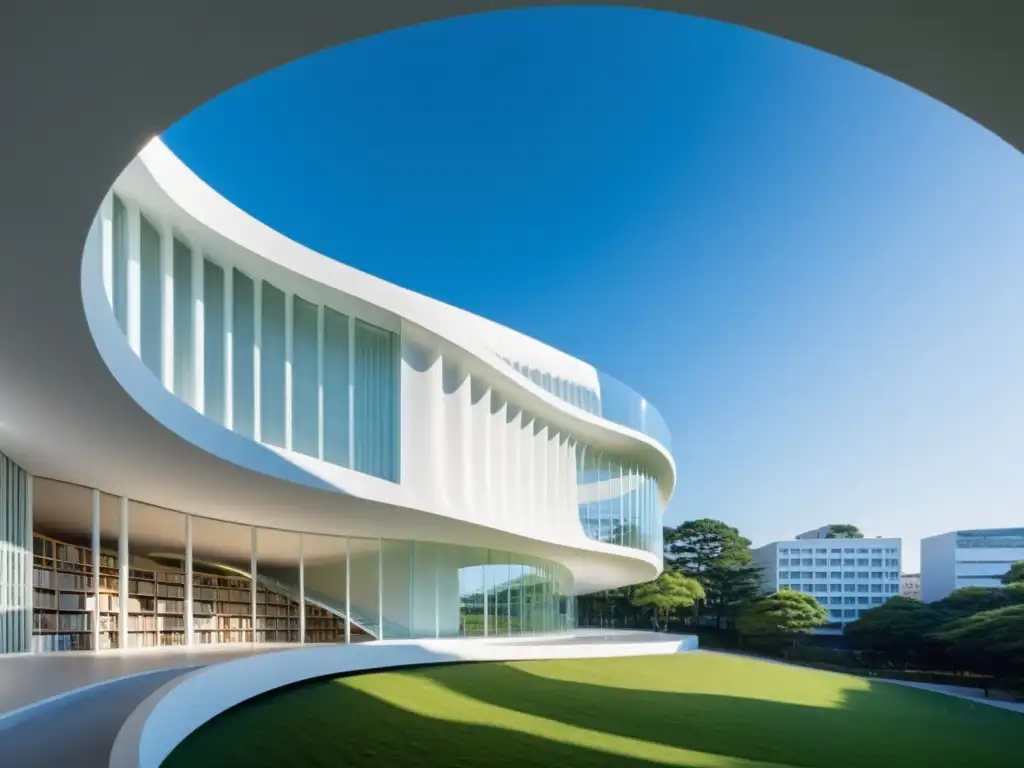 La imagen muestra la innovadora biblioteca de la Universidad de Arte Tama en Tokio, diseñada por Toyo Ito