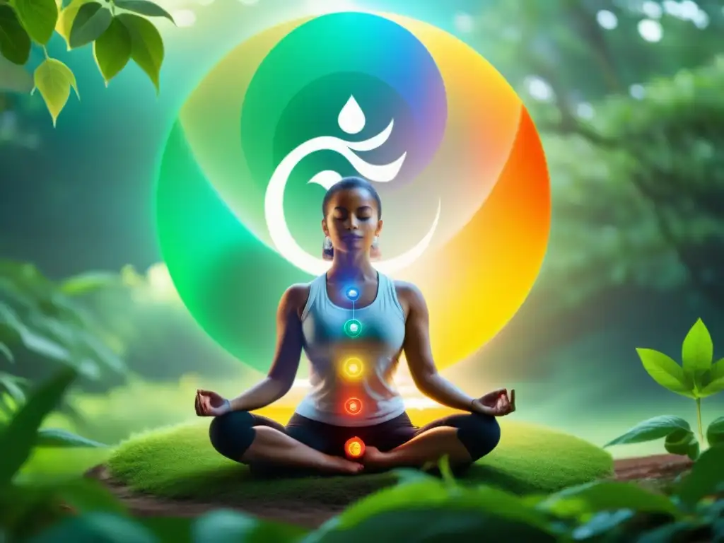 Imagen de integración de chakras en salud integral con persona meditando en entorno natural, rodeada de colores vibrantes y paz espiritual