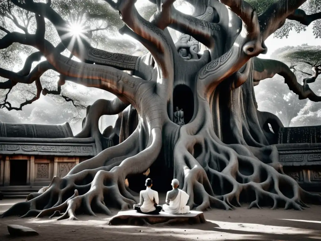 Imagen de jainistas meditando pacíficamente bajo un árbol antiguo, reflejando la conexión con la naturaleza y la no violencia en el Jainismo