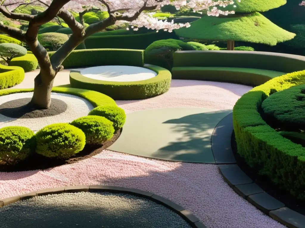 Imagen de un jardín japonés sereno con árboles de cerezo en flor, sendero de piedra y casa de té