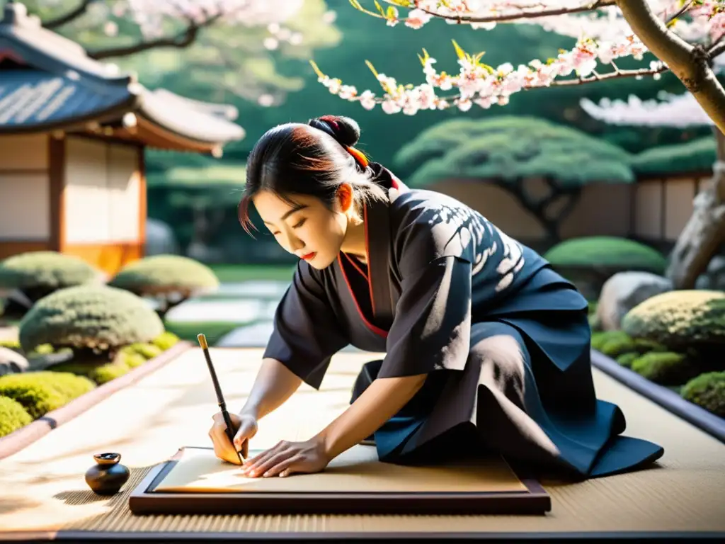 Imagen de un jardín japonés sereno con caligrafía japonesa, meditación y bonitos cerezos en flor