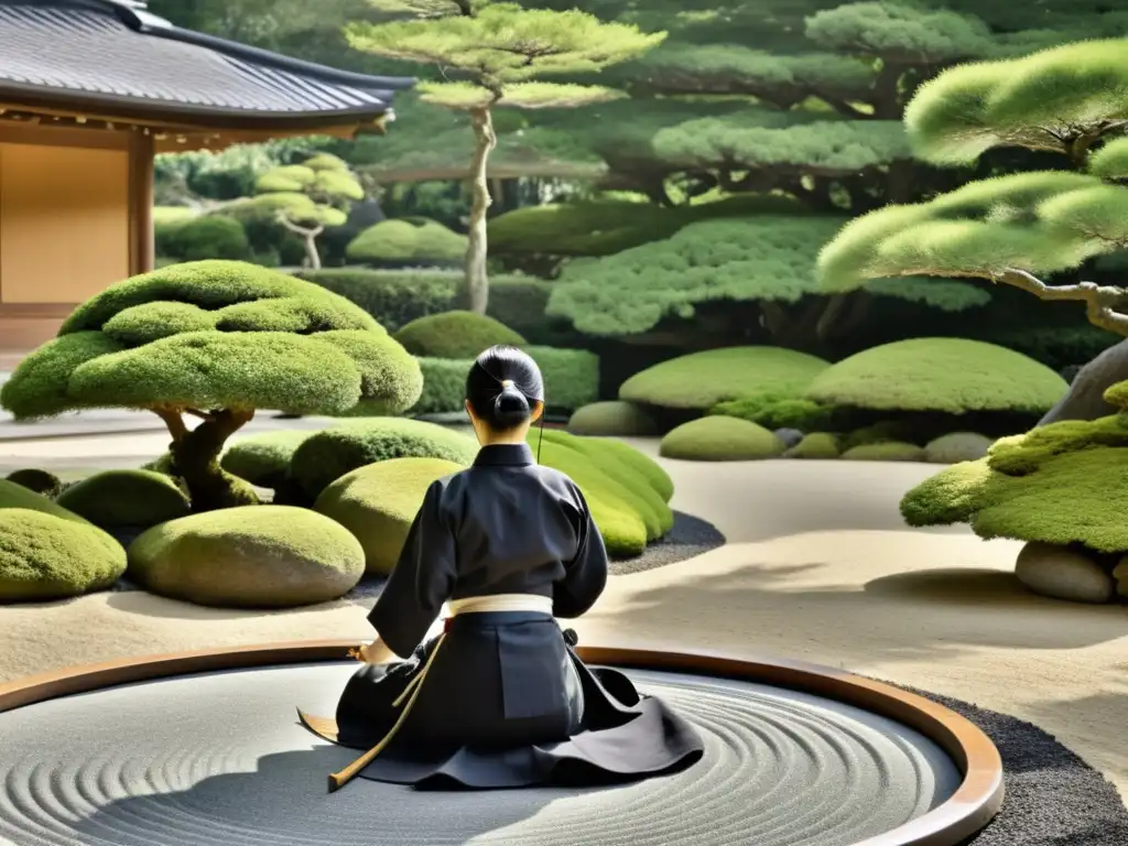 Imagen de un jardín japonés sereno con un dojo de arquería kyudo, reflejando la disciplina y la filosofía del Kyudo japonés