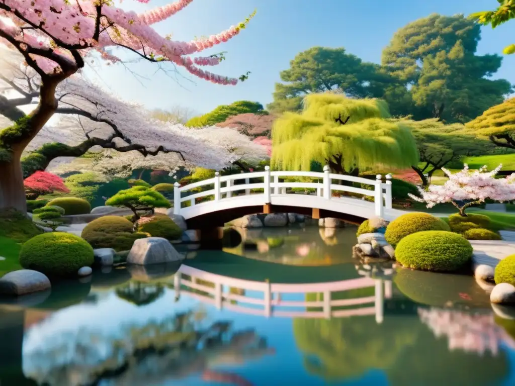 Una imagen de un jardín japonés sereno con un puente de madera tradicional sobre un estanque, rodeado de flores de cerezo en plena floración