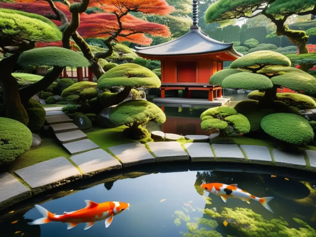 Imagen de un jardín japonés sereno con musgo verde vibrante, árboles bonsái antiguos y un estanque de peces koi, evocando tranquilidad y contemplación