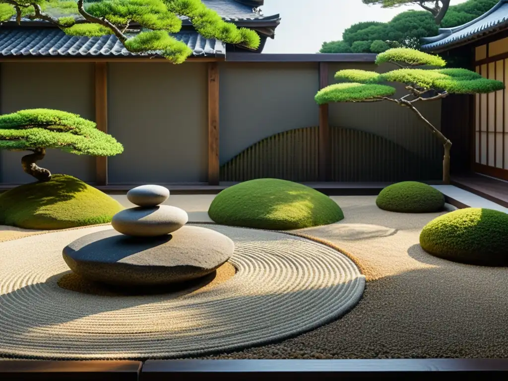 Imagen de un jardín Zen japonés tradicional, con grava rastrillada y rocas, rodeado de vegetación exuberante