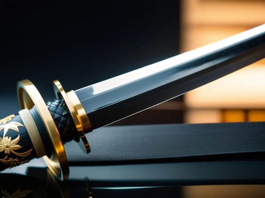 Imagen de una katana japonesa con reflejos suaves, detalle del Código Bushido y un samurái en el fondo