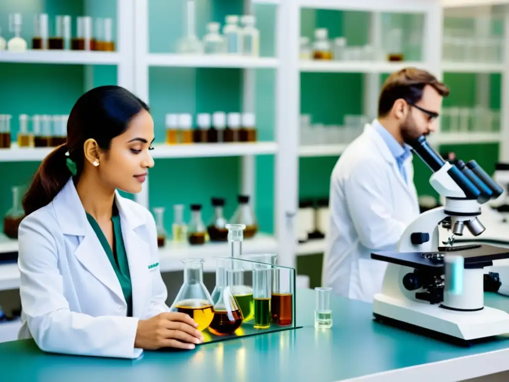 Imagen de laboratorio moderno con científicos investigando medicina asiática, reflejando la fusión de tradición y modernidad