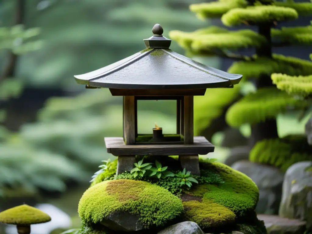 Imagen de una linterna de piedra cubierta de musgo en un jardín japonés, iluminada por la suave luz del amanecer o el atardecer