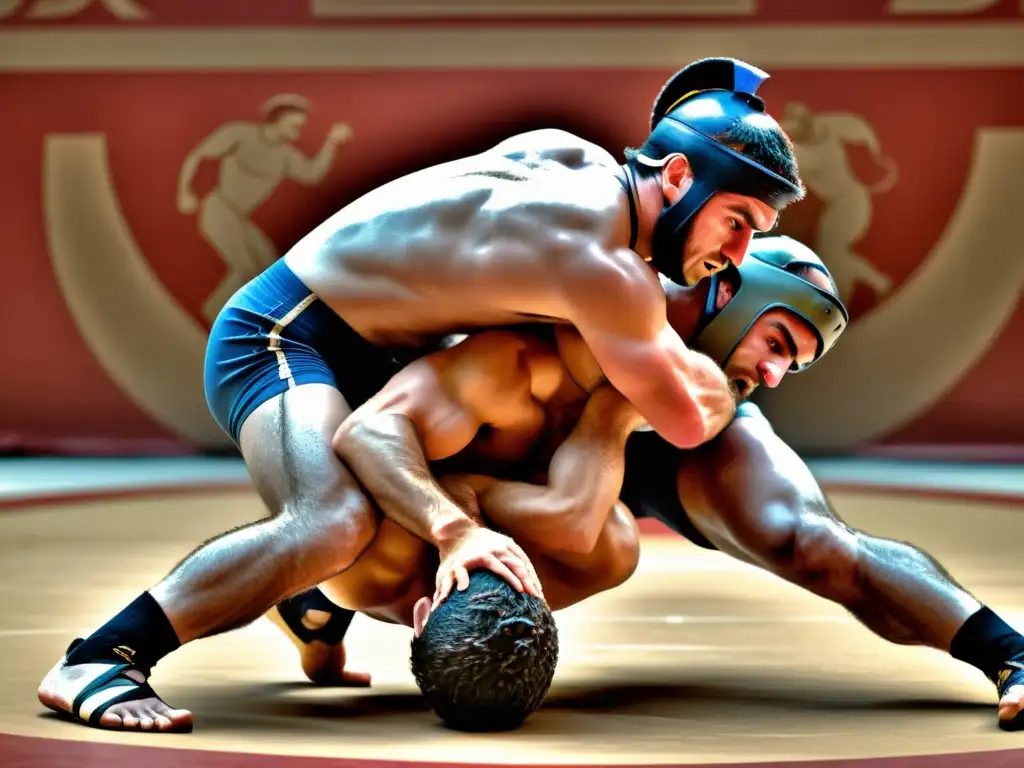 Imagen de luchadores griegos antiguos practicando Pankration, mostrando la intensidad y el arte antiguo de la conexión Pankration