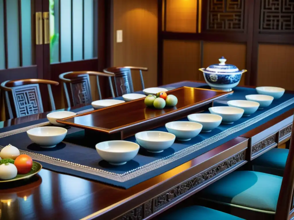 La imagen muestra una lujosa mesa de cocina de la corte coreana con vajilla de porcelana y cubiertos ornamentados, rodeada de sillas de madera tallada