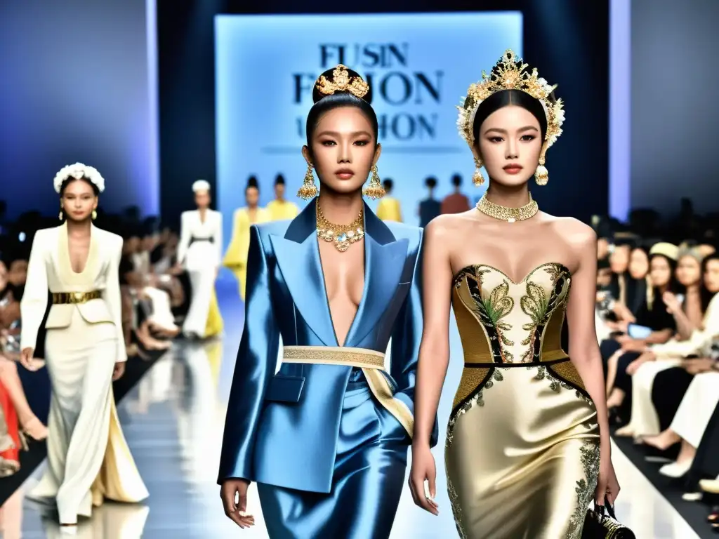 La imagen muestra un lujoso desfile de moda en Asia con tendencias de lujo en Asia, fusionando elementos tradicionales y modernos