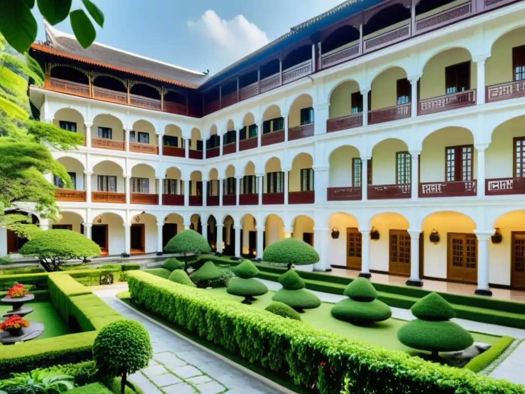 Imagen de un lujoso hotel histórico en Asia Central, con arquitectura tradicional, jardines exuberantes y un patio sereno