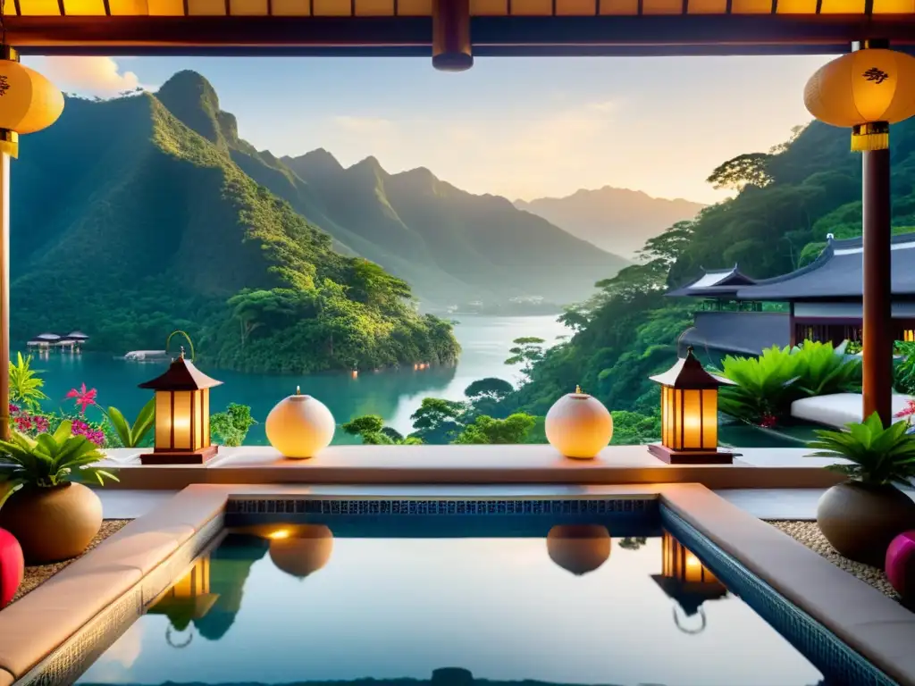 Imagen de un lujoso spa en un hotel asiático, con piscina infinita y vistas a la montaña