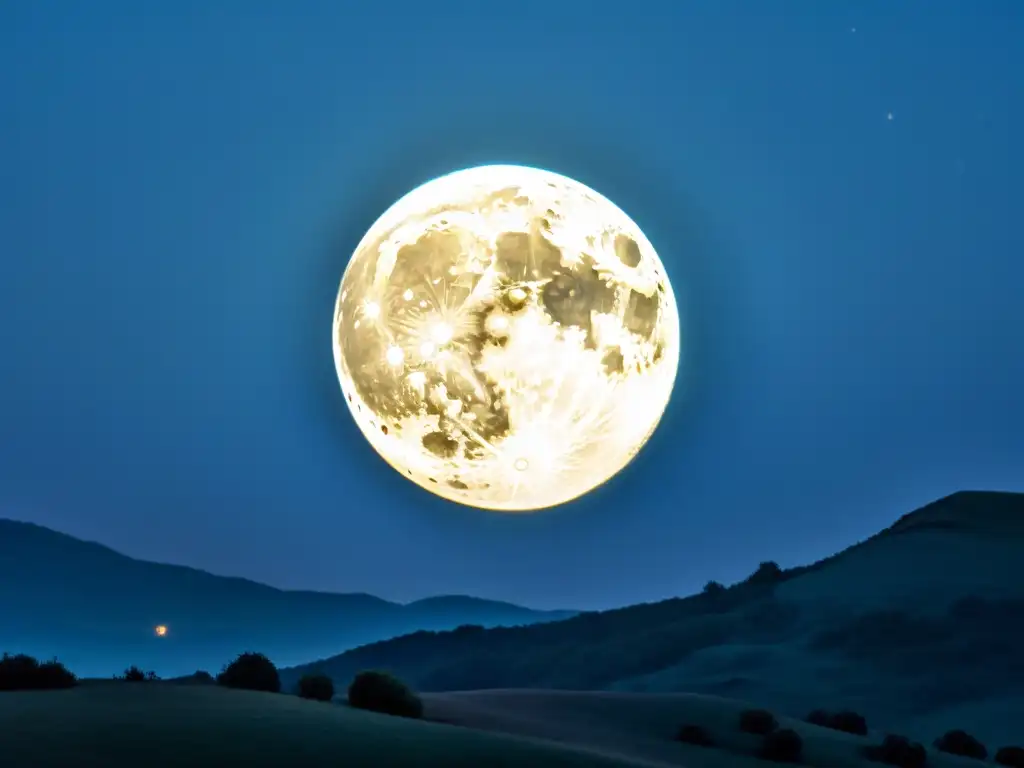 Una imagen de la luna llena en un cielo estrellado, iluminando un paisaje neblinoso