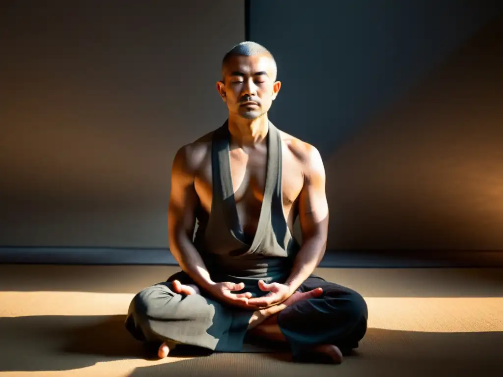 Imagen de un maestro zen meditando con disciplina y libertad en un espacio sereno y minimalista