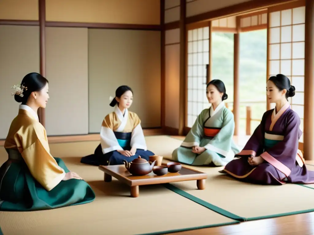 Imagen de maestros contemporáneos de té coreano tradicional realizando una serena ceremonia del té coreano en hanbok