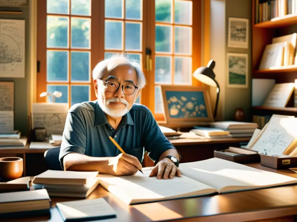 Imagen mágica de Hayao Miyazaki creando para Spirited Away en su estudio soleado