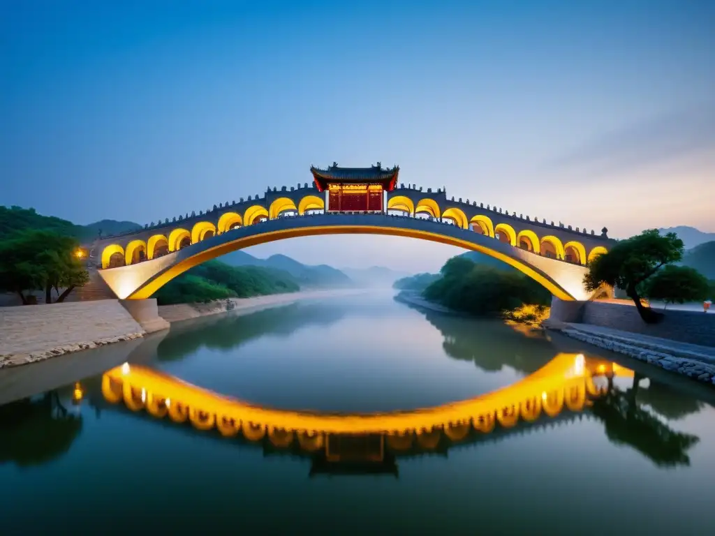 Imagen de la majestuosa belleza del antiguo puente de piedra Zhaozhou en Hebei, China, bañado por la suave luz del amanecer