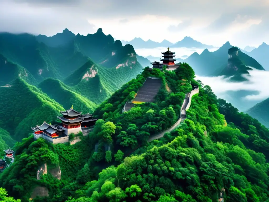 Imagen de alta resolución de las majestuosas y serenas Montañas Wudang en China, con un templo taoísta en medio de la exuberante naturaleza