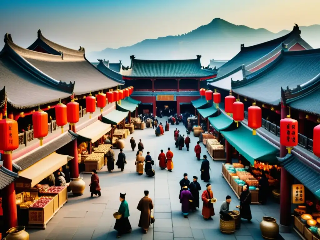 Imagen de mercado bullicioso en la antigua China durante la Dinastía Song del Norte, con una atmósfera vibrante y llena de tensión comercial