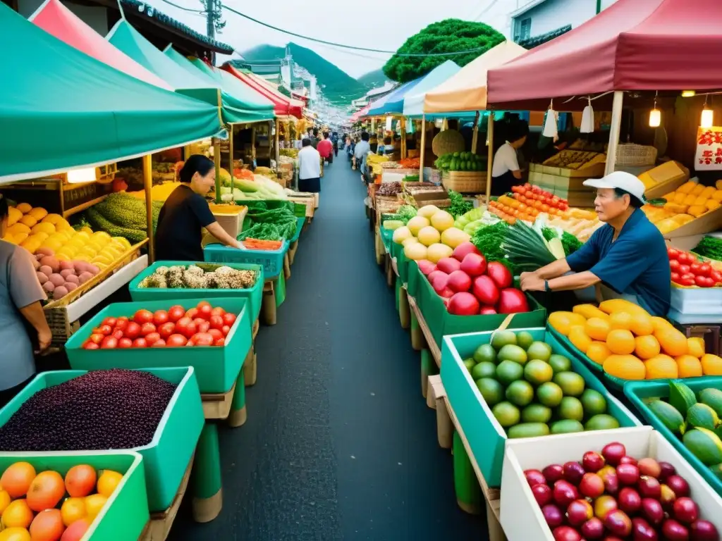 Imagen de mercado tradicional en Okinawa, con colores vibrantes y actividad bulliciosa que refleja las experiencias gastronómicas en Okinawa