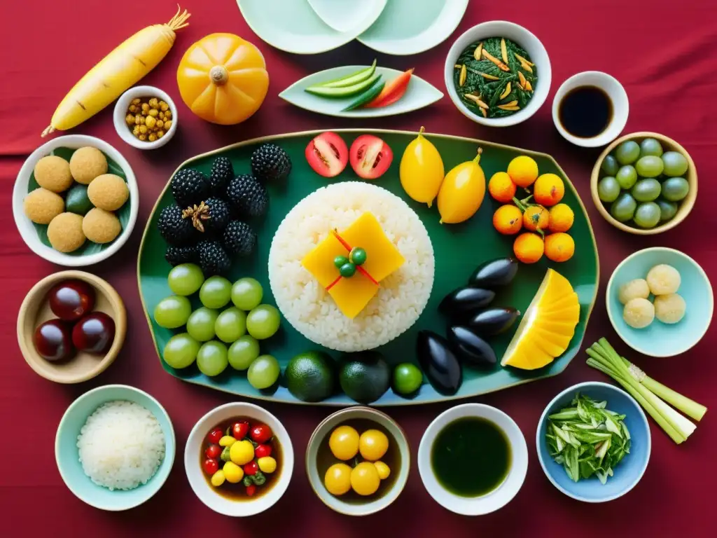 Imagen de mesa tradicional del Festival Chuseok tradición coreana con comida y familia reunida en celebración festiva y cálida