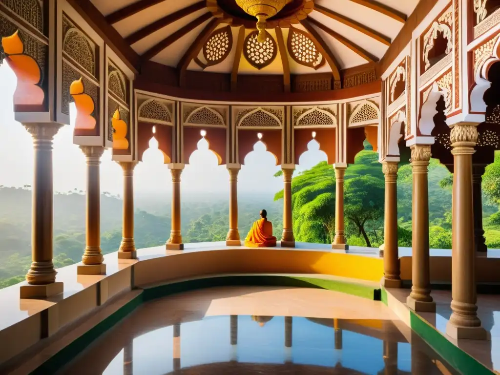 Templo jainista moderno: tradición y devoción en India Imagen de un moderno templo jainista en India, con devotos en prácticas contemporáneas del jainismo hoy, fusionando tradición y modernidad