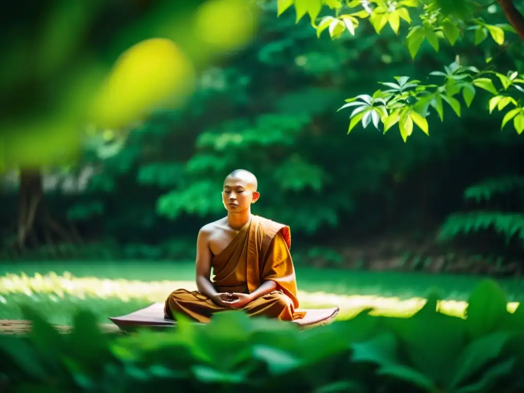 Imagen de monje budista meditando en un entorno natural sereno, destacando el poder del silencio en la práctica budista